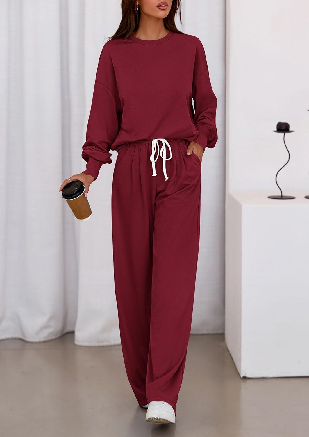 imagePRETTYGARDEN Womens 2 Piece Sets Long Sleeve Sweatshirt Wide Leg Pants Loose Matching Lounge Set Trendy Fall OutfitsWine Red