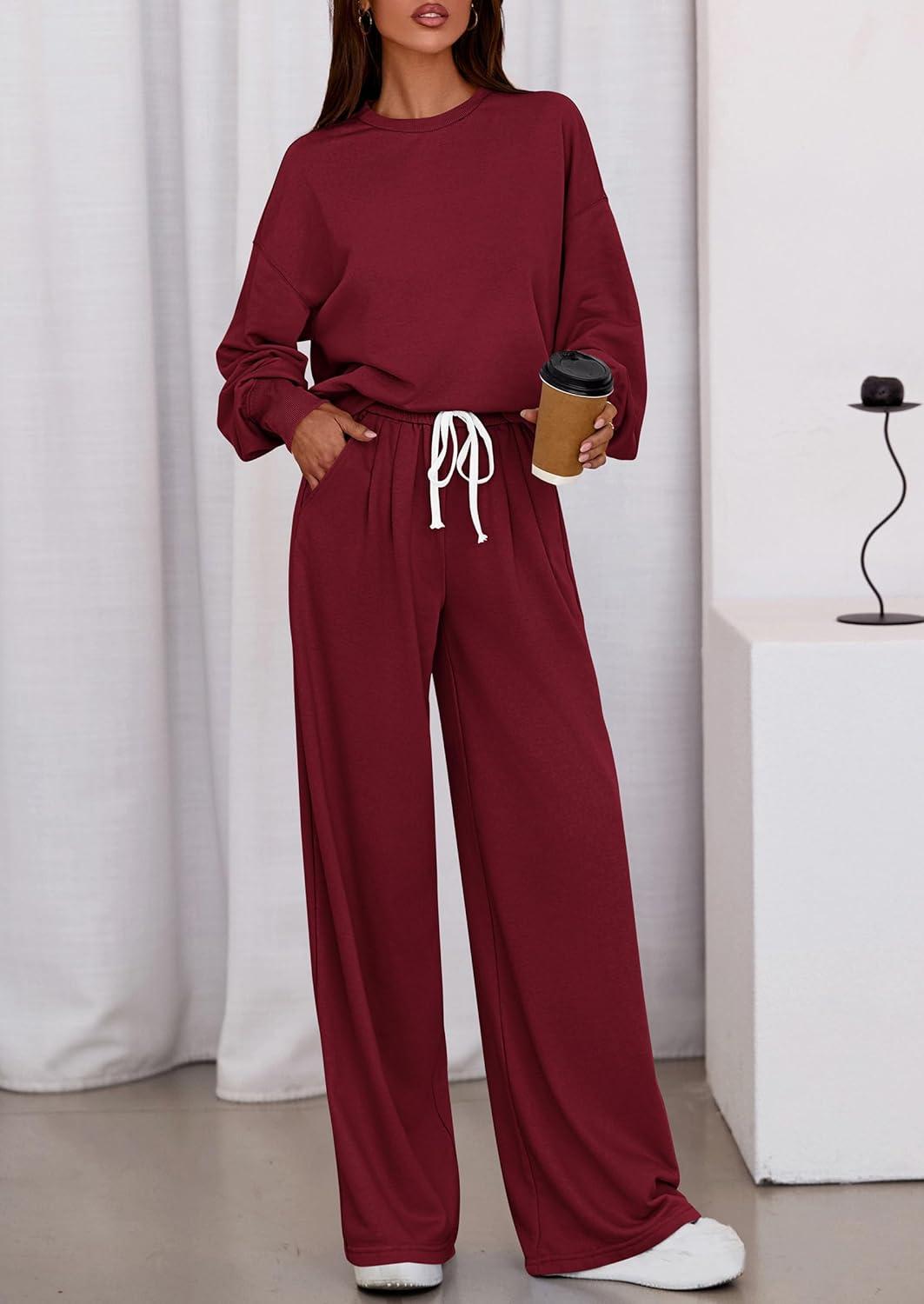 imagePRETTYGARDEN Womens 2 Piece Sets Long Sleeve Sweatshirt Wide Leg Pants Loose Matching Lounge Set Trendy Fall OutfitsWine Red