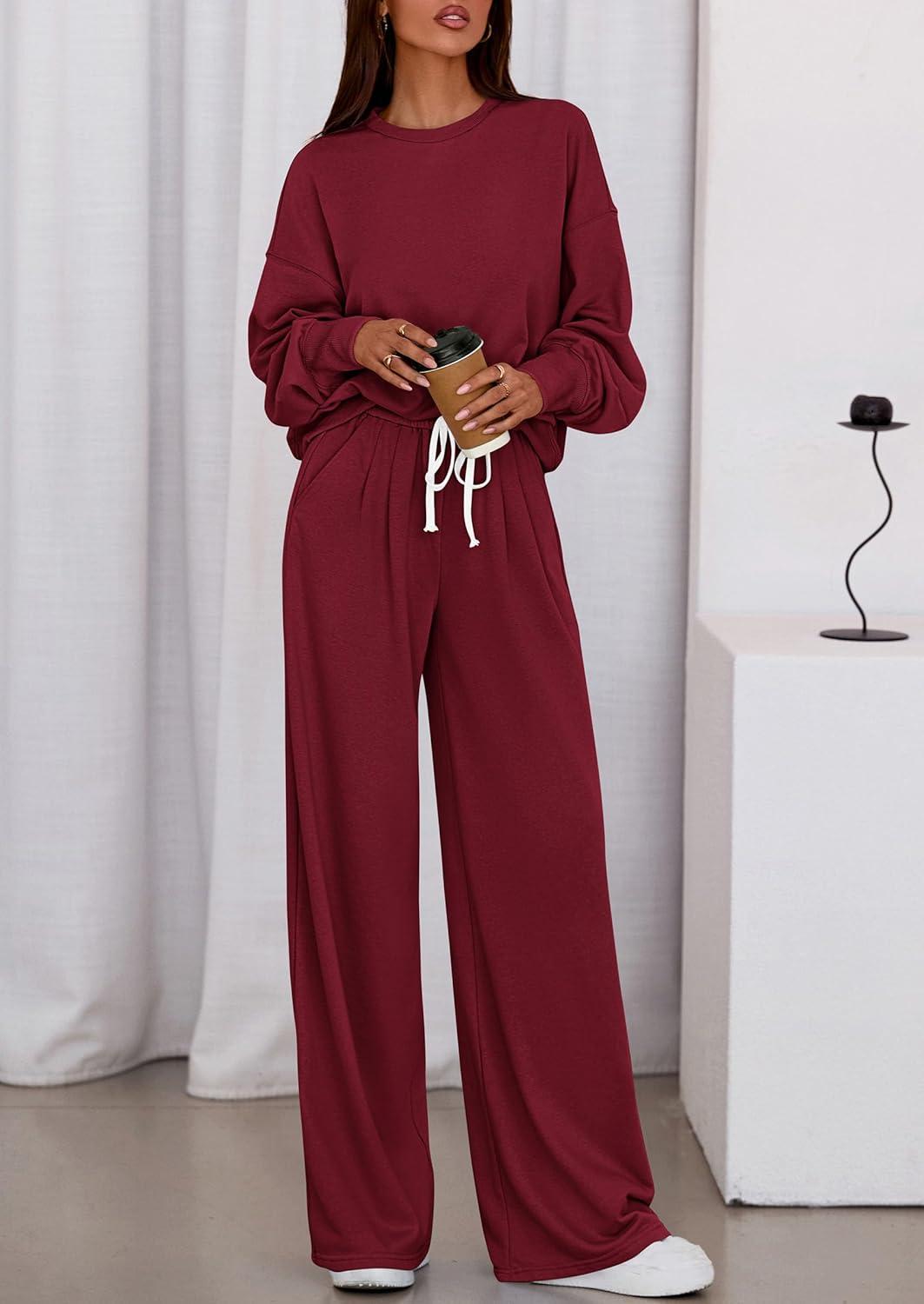 imagePRETTYGARDEN Womens 2 Piece Sets Long Sleeve Sweatshirt Wide Leg Pants Loose Matching Lounge Set Trendy Fall OutfitsWine Red