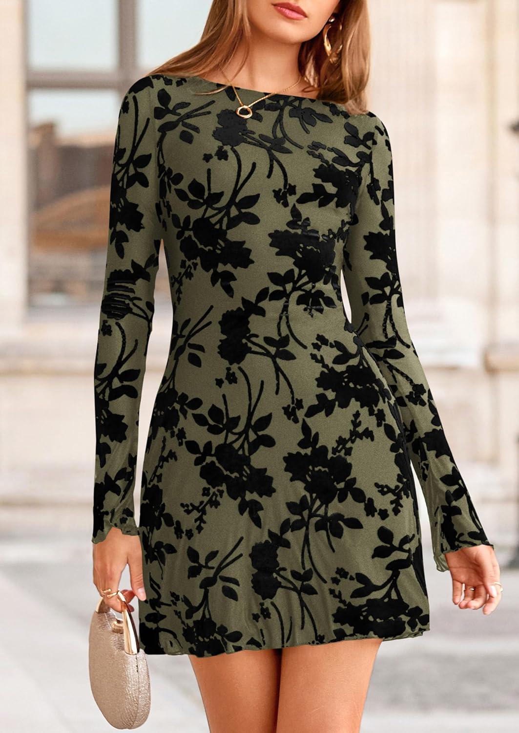 imagePRETTYGARDEN Womens 2026 Fall Fashion Floral Long Sleeve Mini Dress Mesh Bodycon Short Party Date Night Going Out DressesArmy Green
