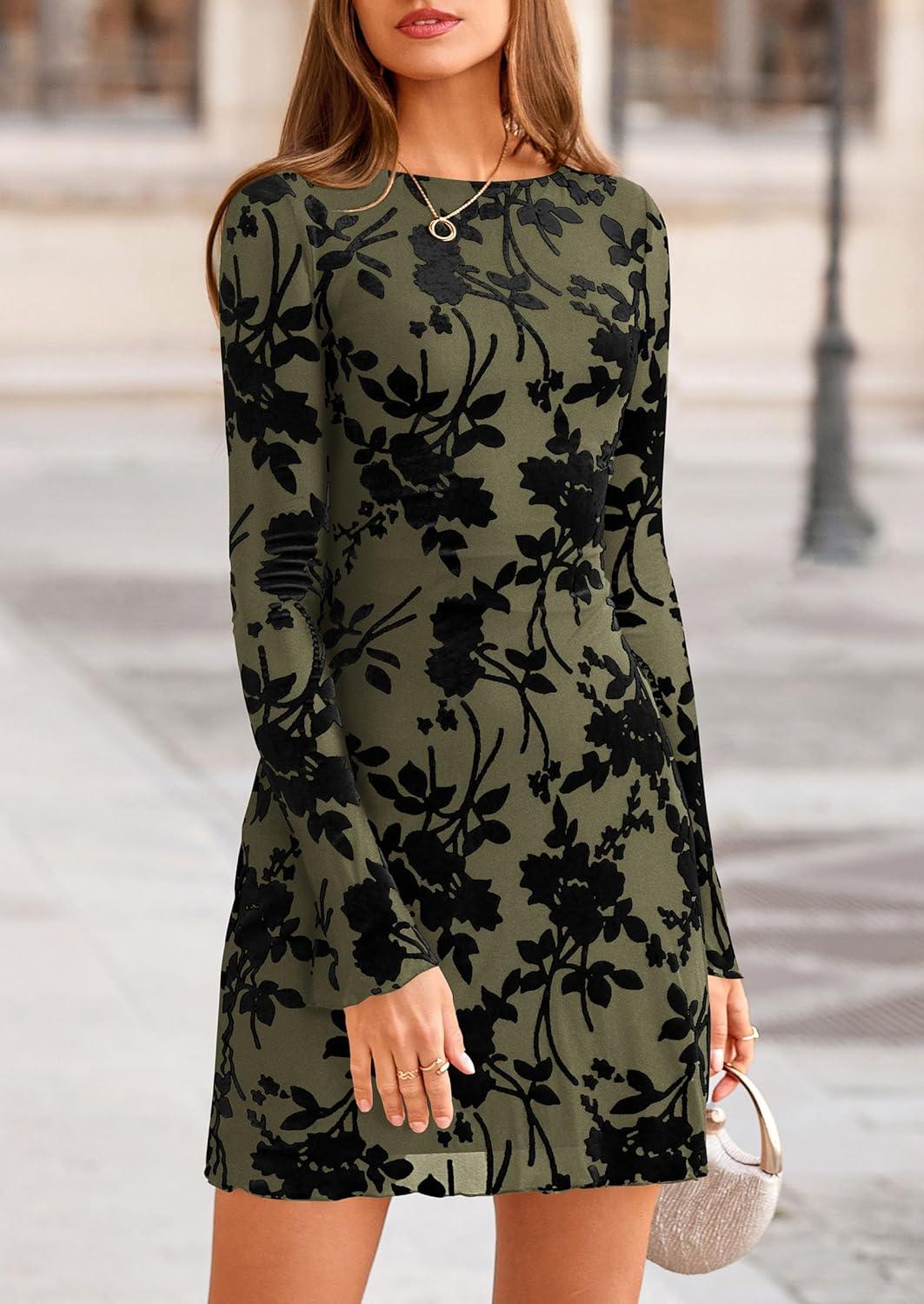 imagePRETTYGARDEN Womens 2026 Fall Fashion Floral Long Sleeve Mini Dress Mesh Bodycon Short Party Date Night Going Out DressesArmy Green