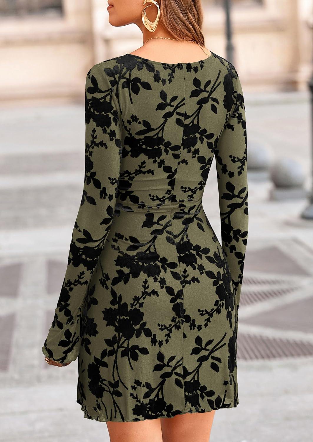 imagePRETTYGARDEN Womens 2026 Fall Fashion Floral Long Sleeve Mini Dress Mesh Bodycon Short Party Date Night Going Out DressesArmy Green