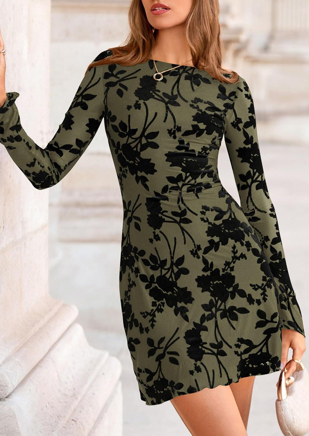 imagePRETTYGARDEN Womens 2026 Fall Fashion Floral Long Sleeve Mini Dress Mesh Bodycon Short Party Date Night Going Out DressesArmy Green