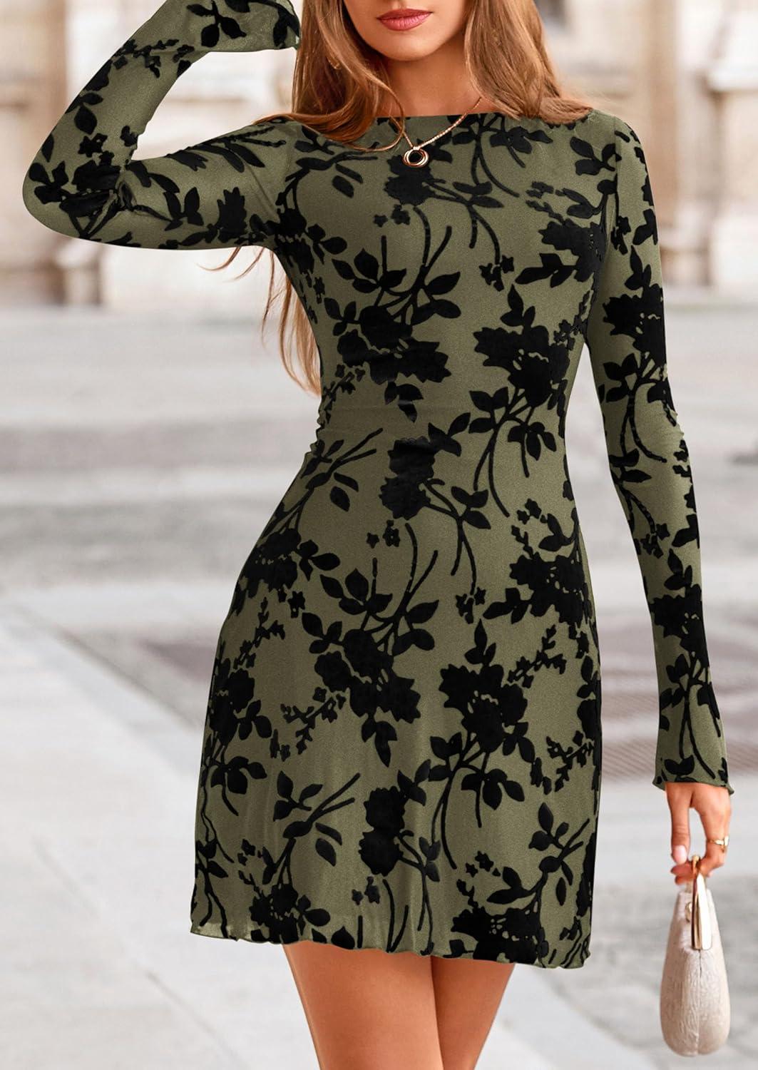 imagePRETTYGARDEN Womens 2026 Fall Fashion Floral Long Sleeve Mini Dress Mesh Bodycon Short Party Date Night Going Out DressesArmy Green