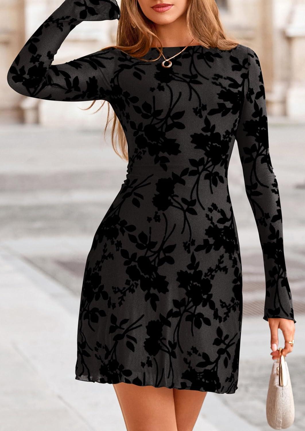 imagePRETTYGARDEN Womens 2026 Fall Fashion Floral Long Sleeve Mini Dress Mesh Bodycon Short Party Date Night Going Out DressesBlack