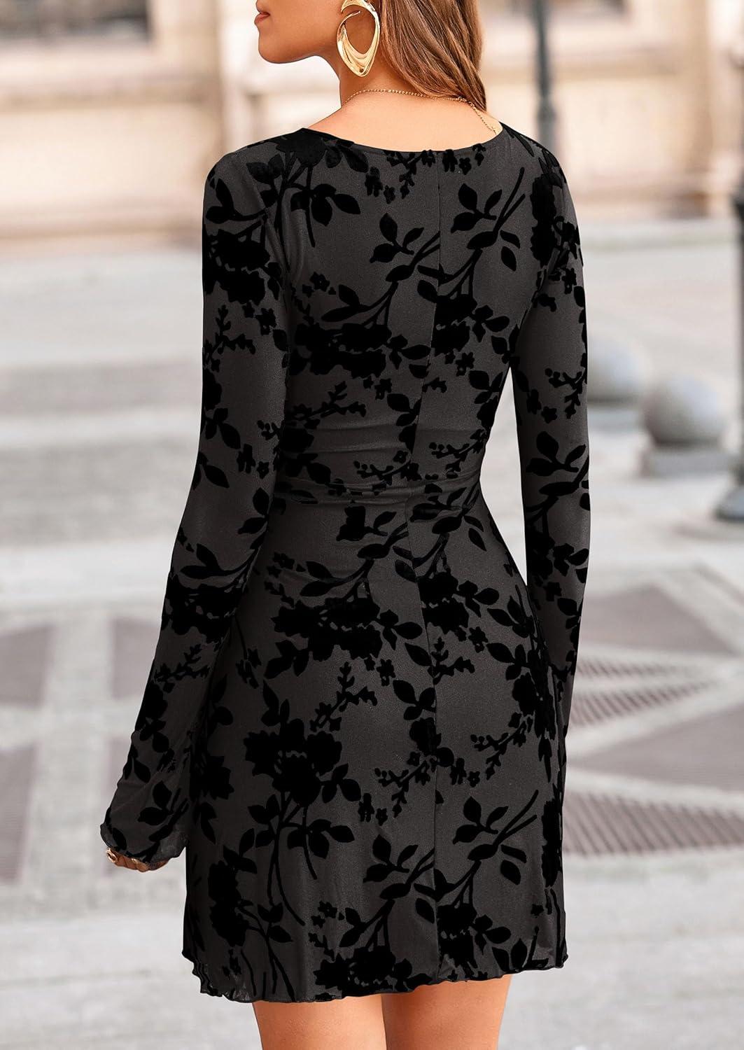 imagePRETTYGARDEN Womens 2026 Fall Fashion Floral Long Sleeve Mini Dress Mesh Bodycon Short Party Date Night Going Out DressesBlack