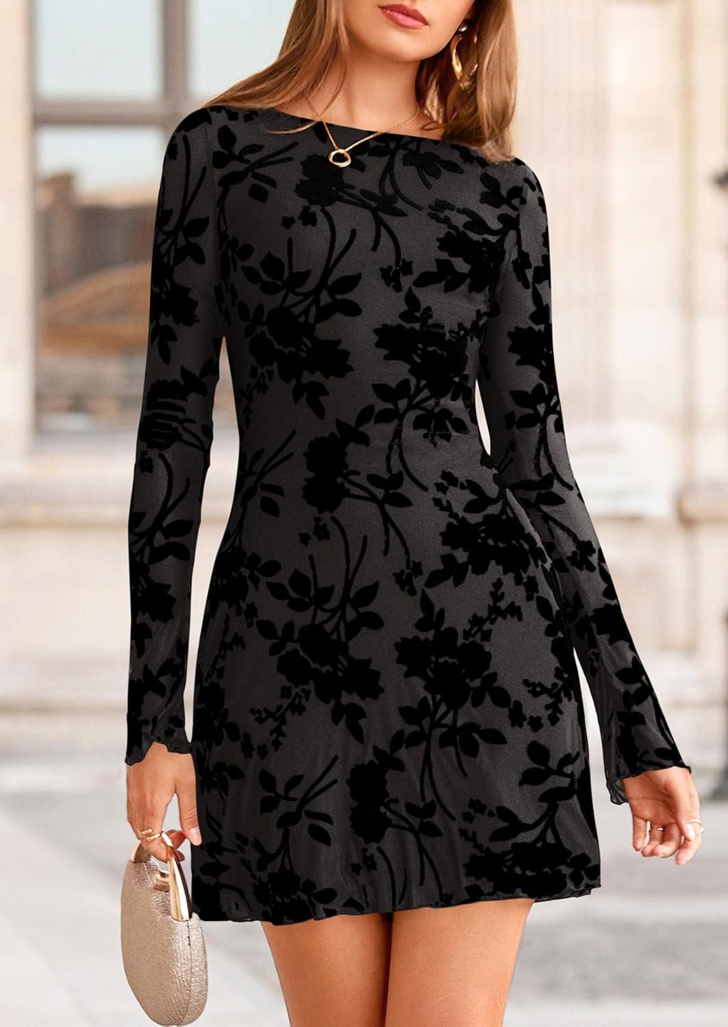 imagePRETTYGARDEN Womens 2026 Fall Fashion Floral Long Sleeve Mini Dress Mesh Bodycon Short Party Date Night Going Out DressesBlack