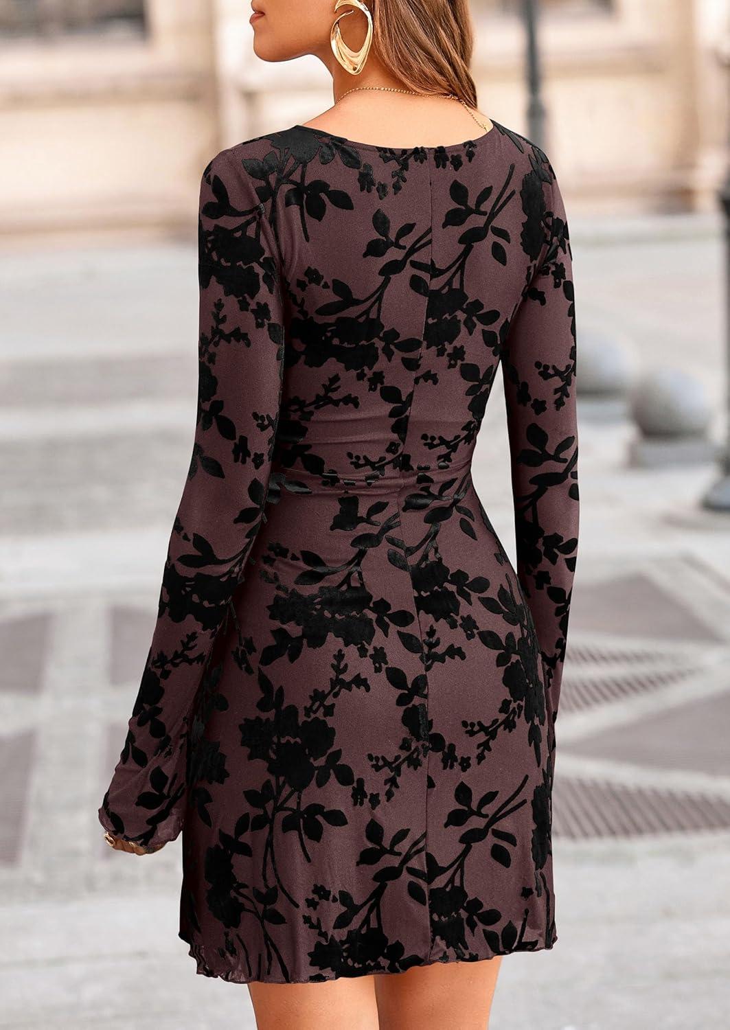 imagePRETTYGARDEN Womens 2026 Fall Fashion Floral Long Sleeve Mini Dress Mesh Bodycon Short Party Date Night Going Out DressesBrown Black