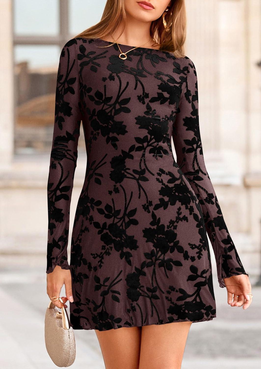 imagePRETTYGARDEN Womens 2026 Fall Fashion Floral Long Sleeve Mini Dress Mesh Bodycon Short Party Date Night Going Out DressesBrown Black