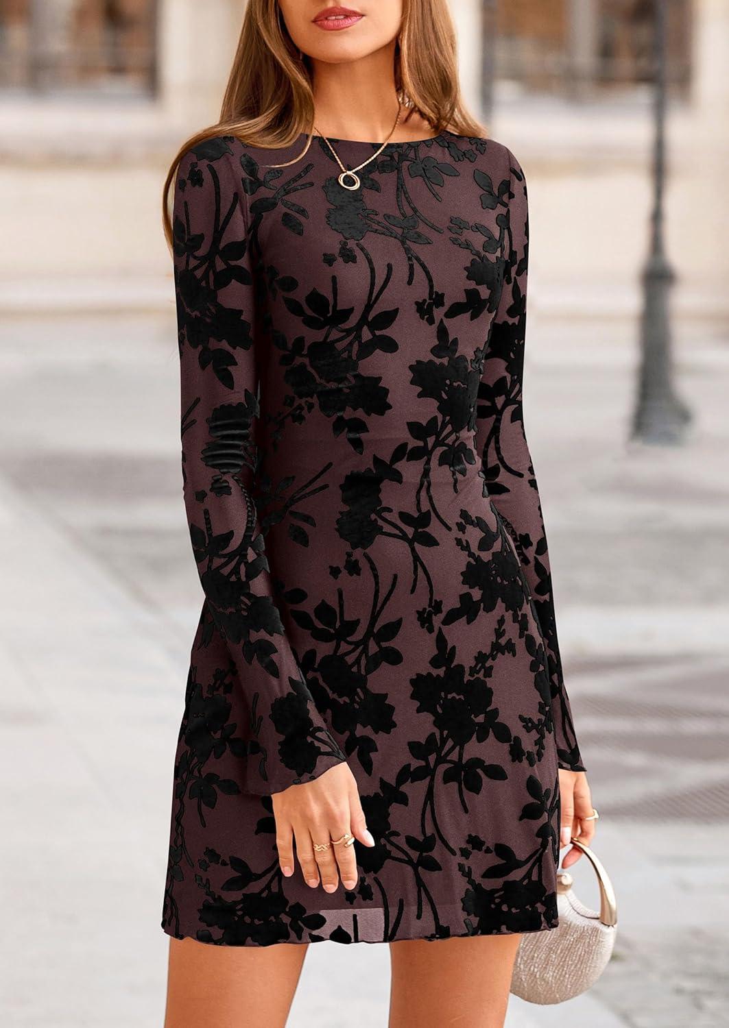 imagePRETTYGARDEN Womens 2026 Fall Fashion Floral Long Sleeve Mini Dress Mesh Bodycon Short Party Date Night Going Out DressesBrown Black