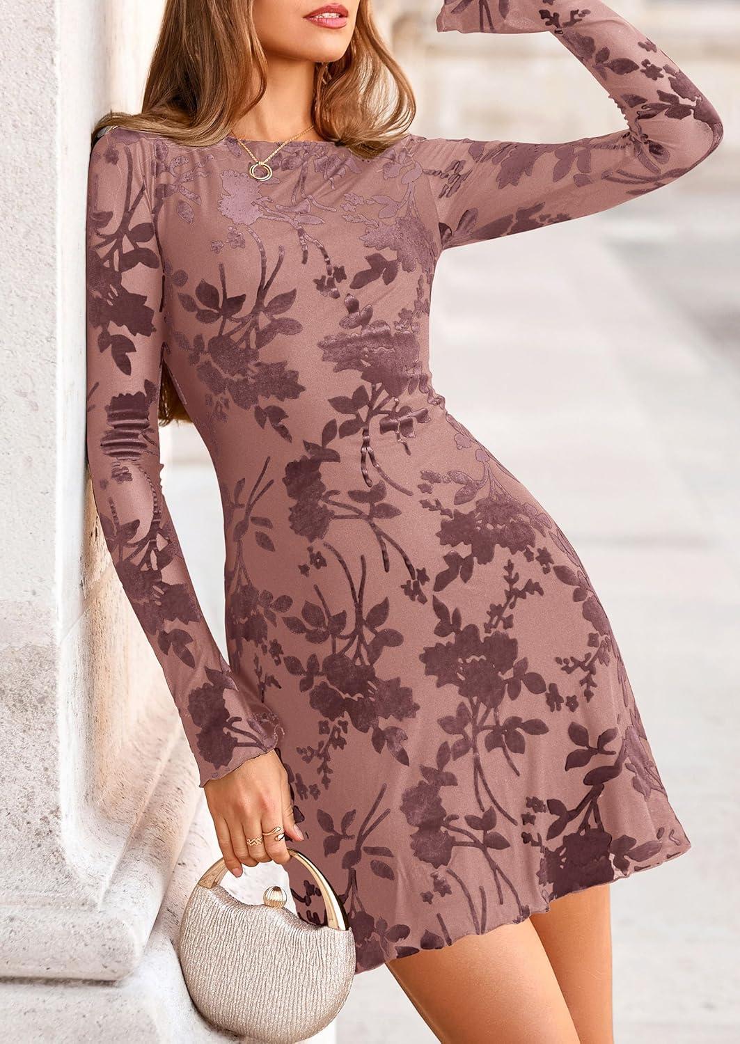 imagePRETTYGARDEN Womens 2026 Fall Fashion Floral Long Sleeve Mini Dress Mesh Bodycon Short Party Date Night Going Out DressesDusty Pink