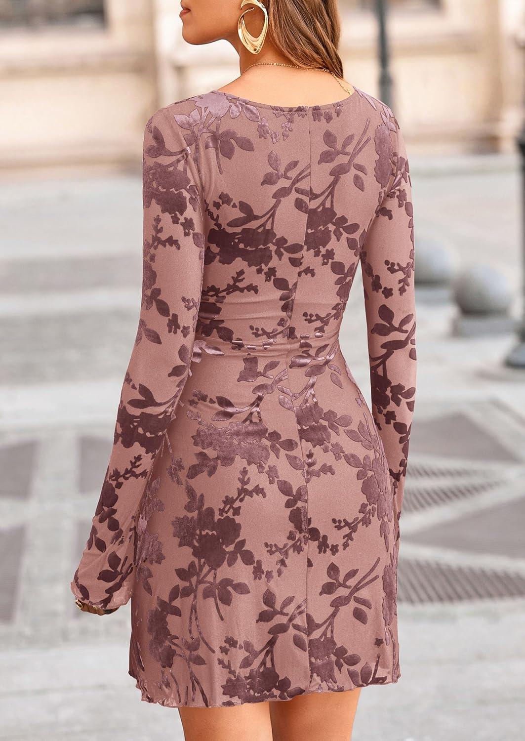 imagePRETTYGARDEN Womens 2026 Fall Fashion Floral Long Sleeve Mini Dress Mesh Bodycon Short Party Date Night Going Out DressesDusty Pink