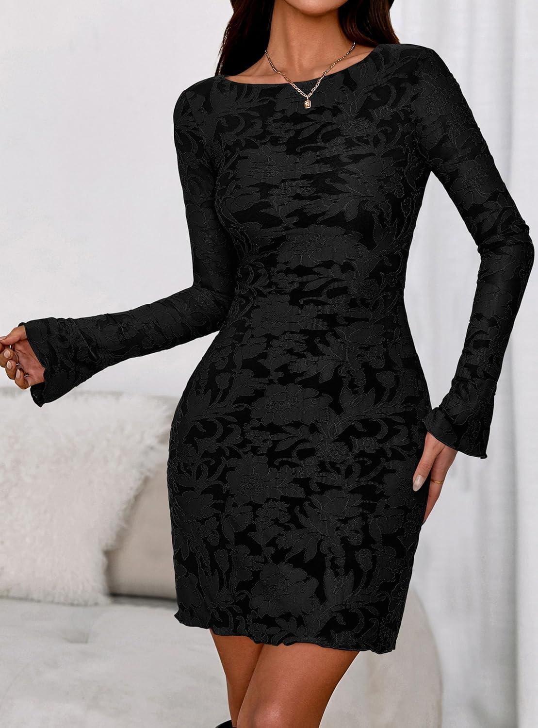 imagePRETTYGARDEN Womens 2026 Fall Fashion Floral Long Sleeve Mini Dress Mesh Bodycon Short Party Date Night Going Out DressesFloral Black