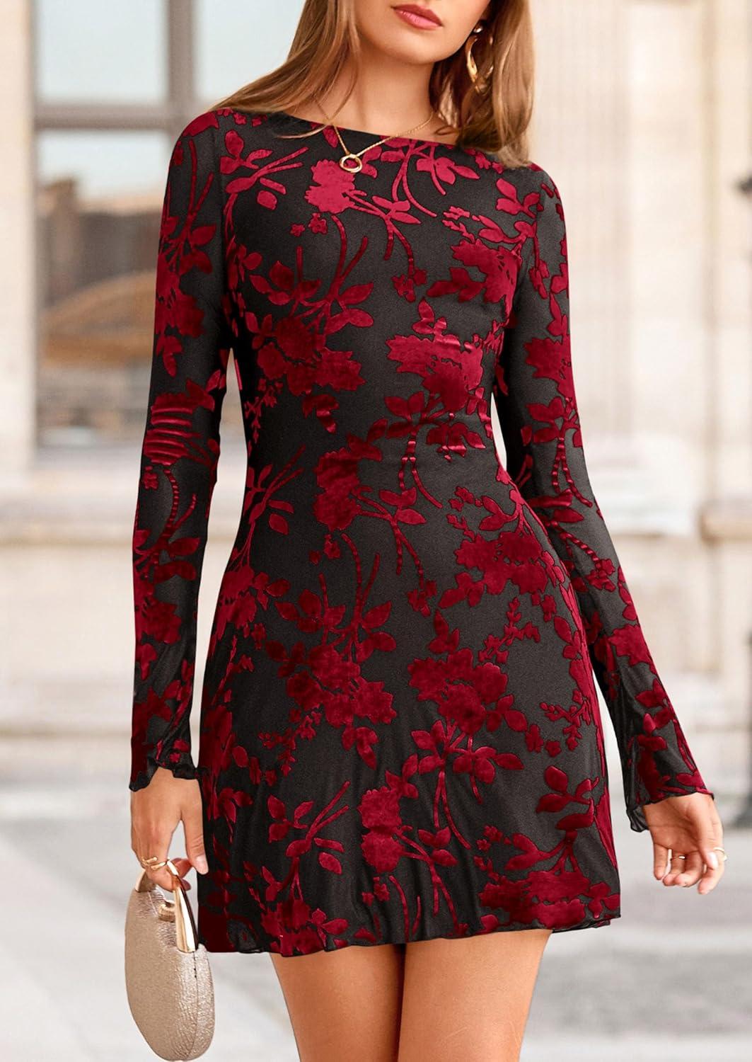 imagePRETTYGARDEN Womens 2026 Fall Fashion Floral Long Sleeve Mini Dress Mesh Bodycon Short Party Date Night Going Out DressesFloral Black Red