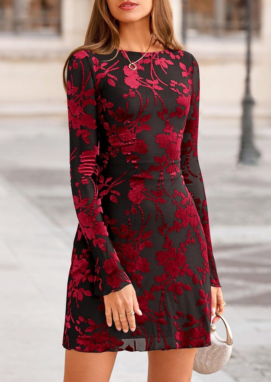 imagePRETTYGARDEN Womens 2026 Fall Fashion Floral Long Sleeve Mini Dress Mesh Bodycon Short Party Date Night Going Out DressesFloral Black Red
