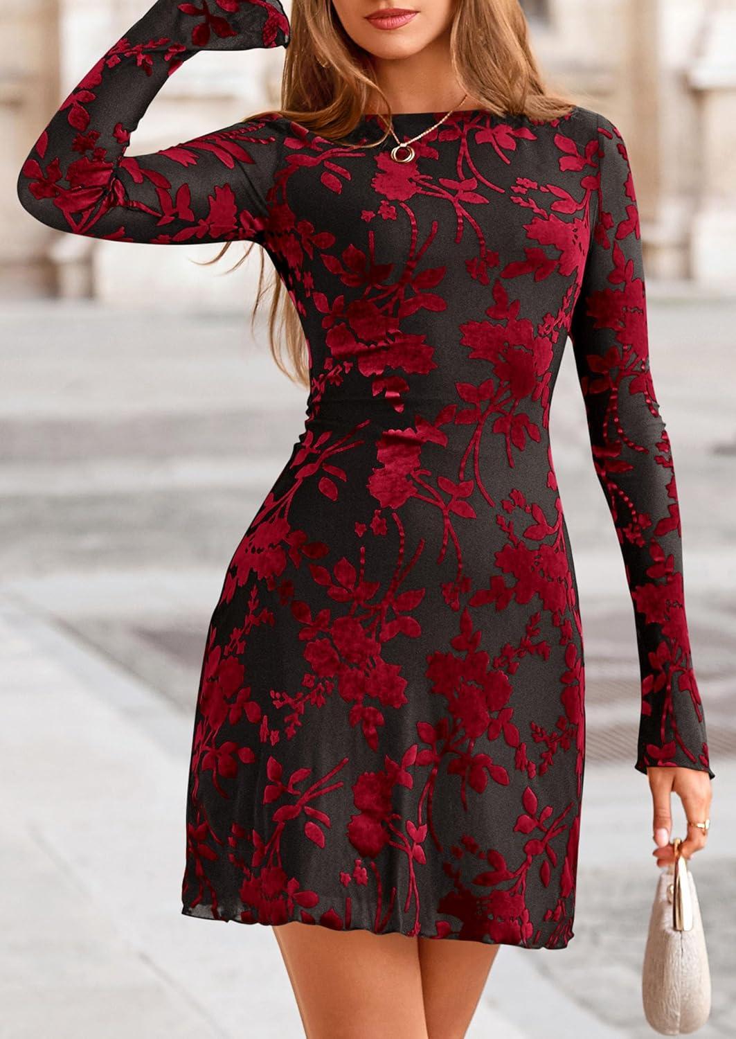 imagePRETTYGARDEN Womens 2026 Fall Fashion Floral Long Sleeve Mini Dress Mesh Bodycon Short Party Date Night Going Out DressesFloral Black Red