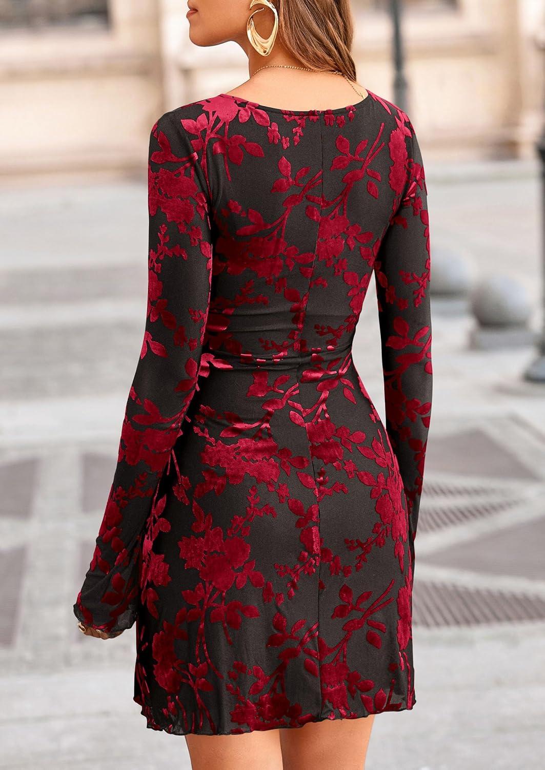 imagePRETTYGARDEN Womens 2026 Fall Fashion Floral Long Sleeve Mini Dress Mesh Bodycon Short Party Date Night Going Out DressesFloral Black Red