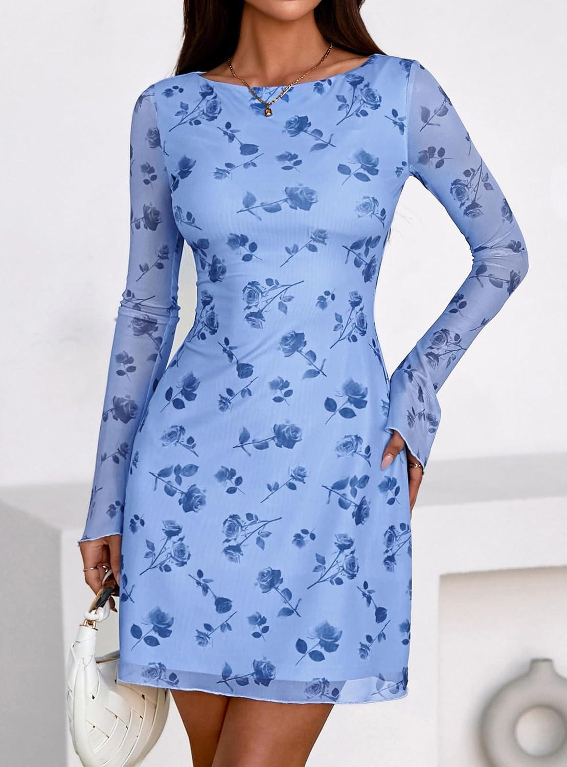 imagePRETTYGARDEN Womens 2026 Fall Fashion Floral Long Sleeve Mini Dress Mesh Bodycon Short Party Date Night Going Out DressesFloral Light Blue