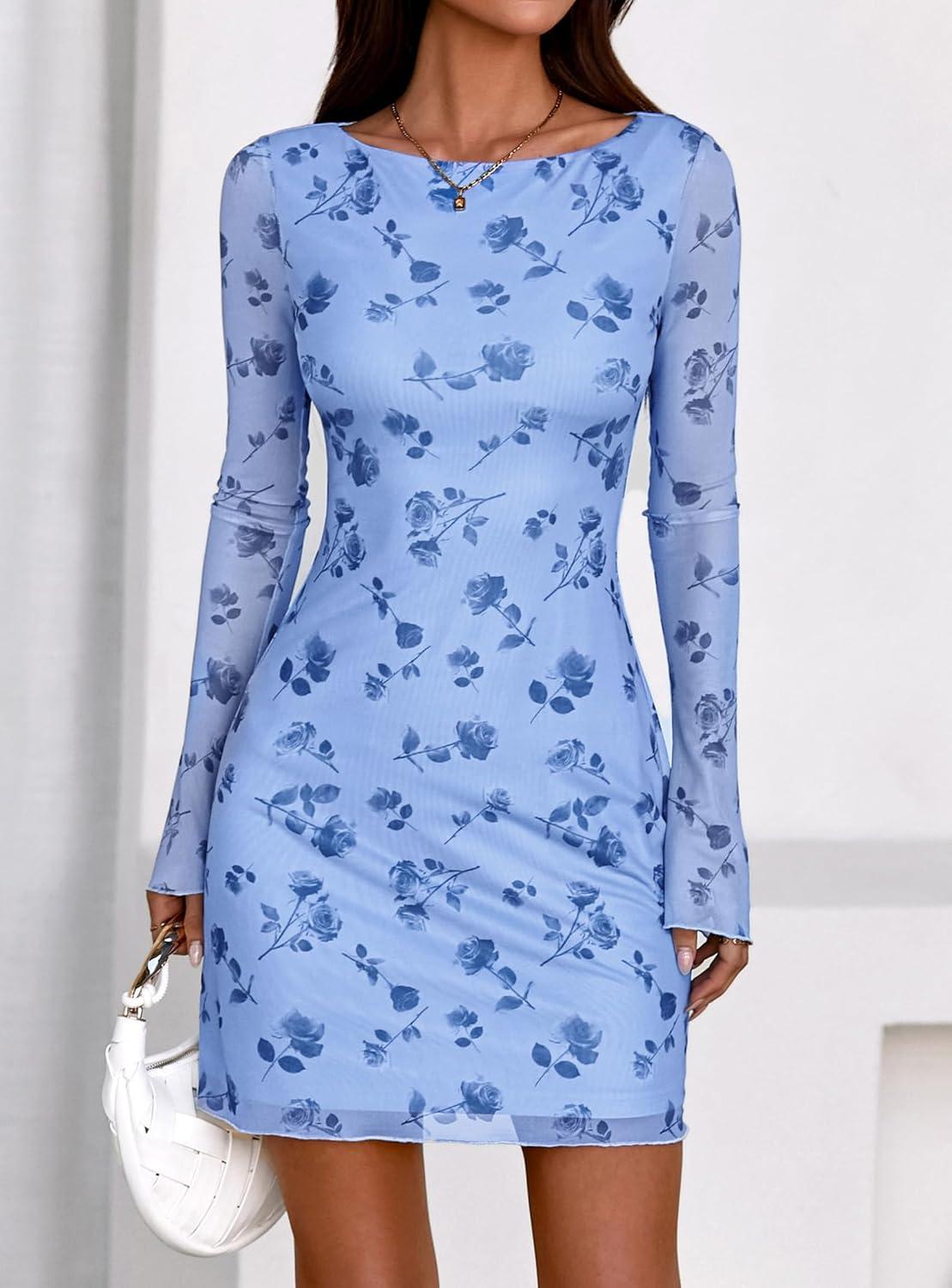 imagePRETTYGARDEN Womens 2026 Fall Fashion Floral Long Sleeve Mini Dress Mesh Bodycon Short Party Date Night Going Out DressesFloral Light Blue