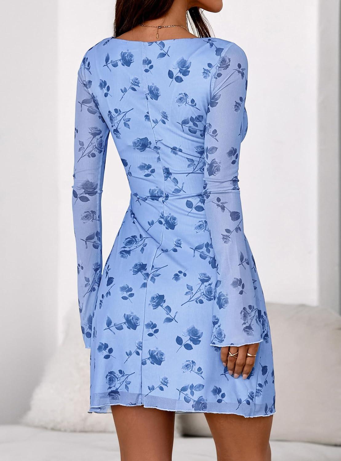 imagePRETTYGARDEN Womens 2026 Fall Fashion Floral Long Sleeve Mini Dress Mesh Bodycon Short Party Date Night Going Out DressesFloral Light Blue