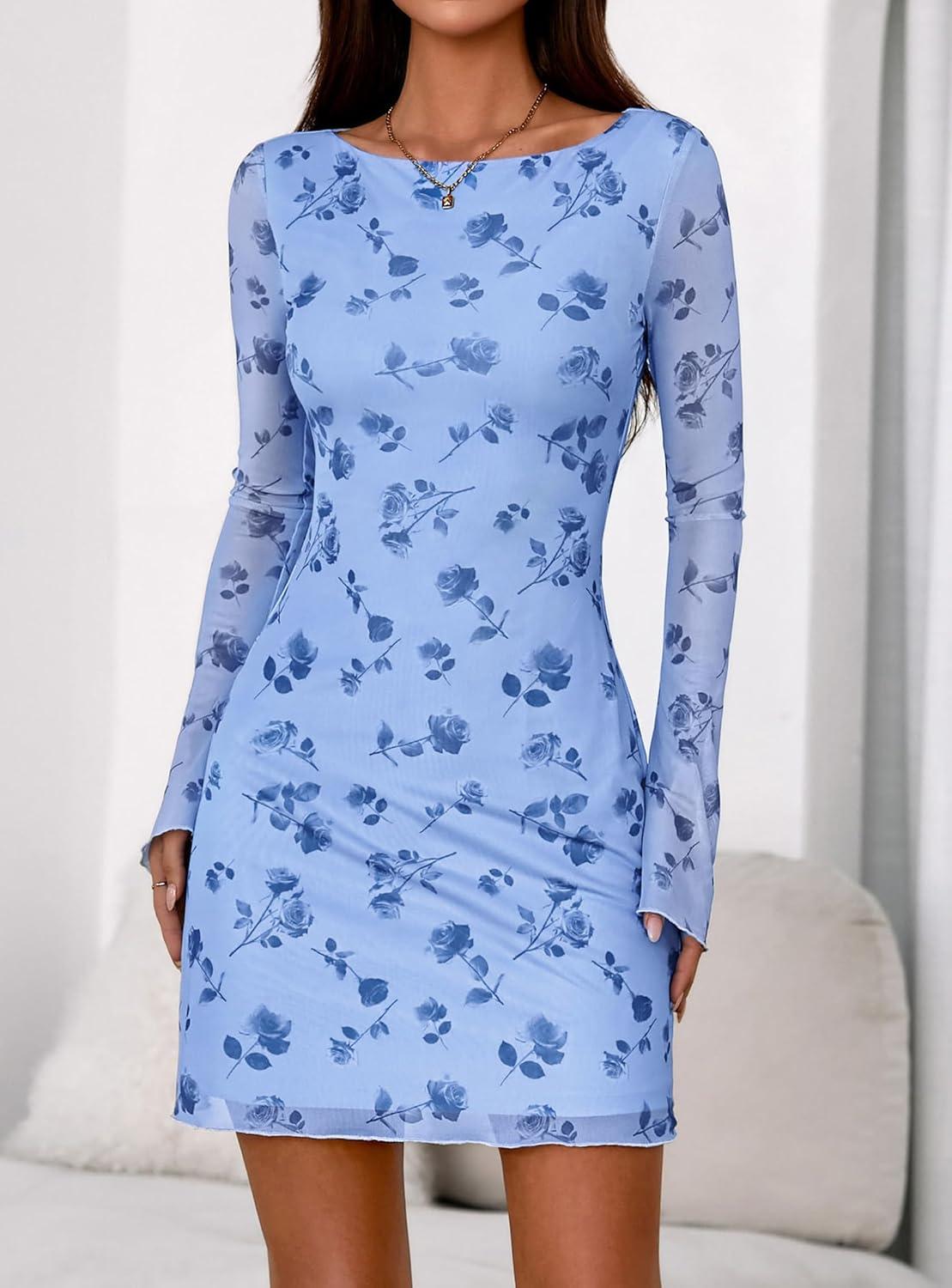 imagePRETTYGARDEN Womens 2026 Fall Fashion Floral Long Sleeve Mini Dress Mesh Bodycon Short Party Date Night Going Out DressesFloral Light Blue