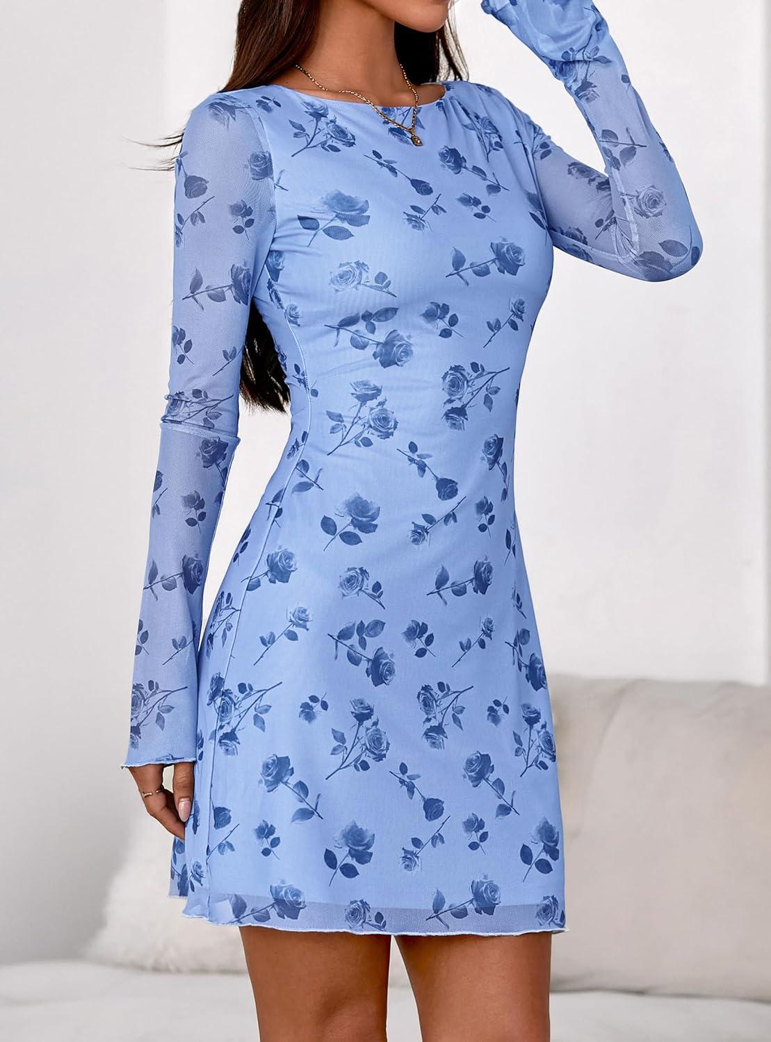 imagePRETTYGARDEN Womens 2026 Fall Fashion Floral Long Sleeve Mini Dress Mesh Bodycon Short Party Date Night Going Out DressesFloral Light Blue