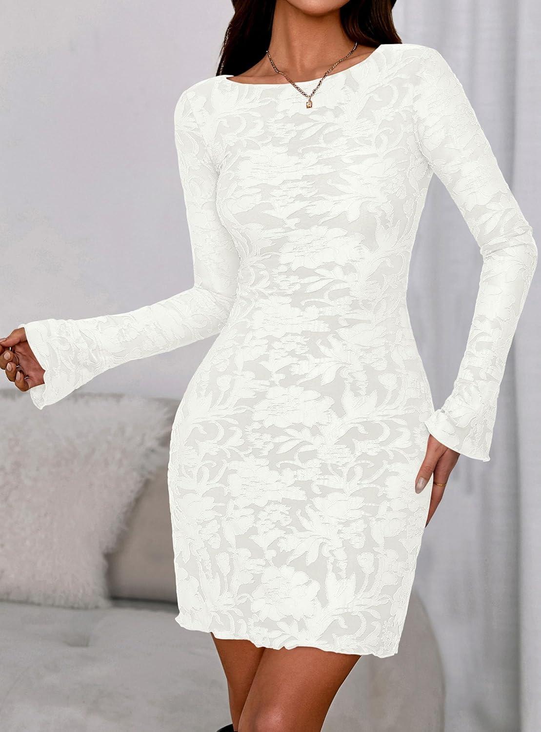 imagePRETTYGARDEN Womens 2026 Fall Fashion Floral Long Sleeve Mini Dress Mesh Bodycon Short Party Date Night Going Out DressesFloral White