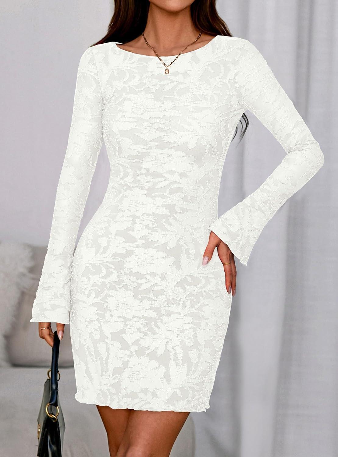 imagePRETTYGARDEN Womens 2026 Fall Fashion Floral Long Sleeve Mini Dress Mesh Bodycon Short Party Date Night Going Out DressesFloral White
