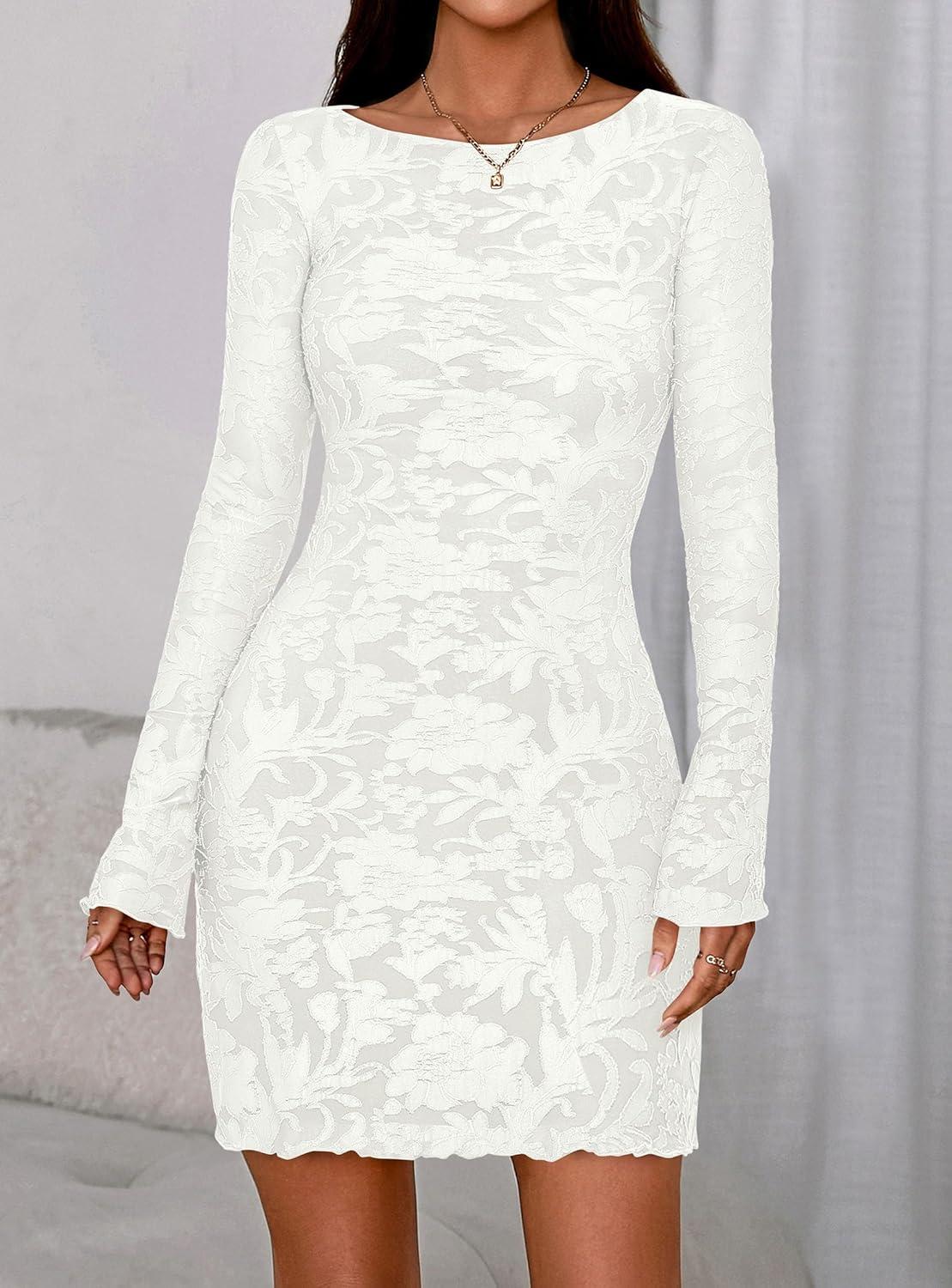 imagePRETTYGARDEN Womens 2026 Fall Fashion Floral Long Sleeve Mini Dress Mesh Bodycon Short Party Date Night Going Out DressesFloral White