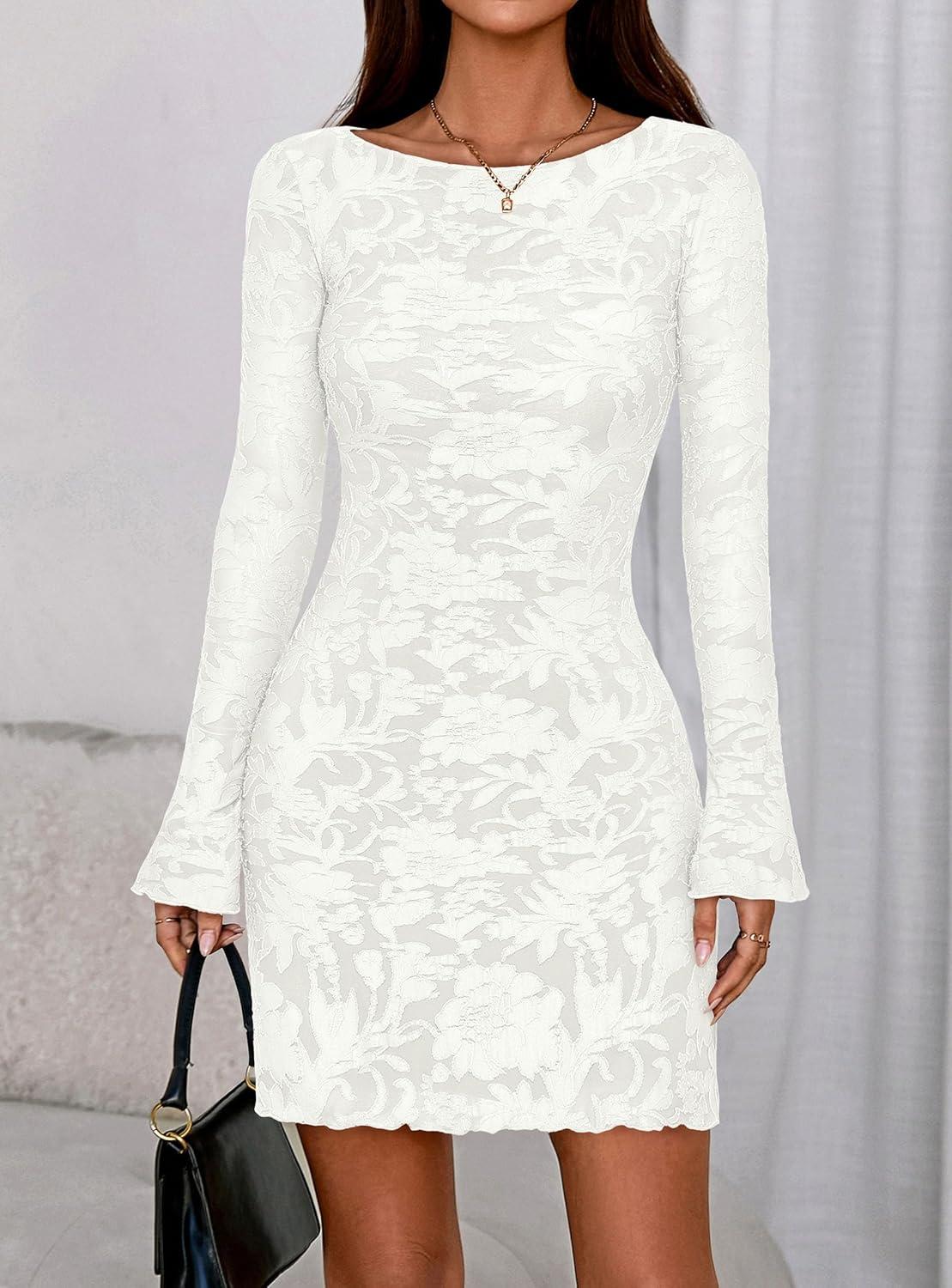 imagePRETTYGARDEN Womens 2026 Fall Fashion Floral Long Sleeve Mini Dress Mesh Bodycon Short Party Date Night Going Out DressesFloral White