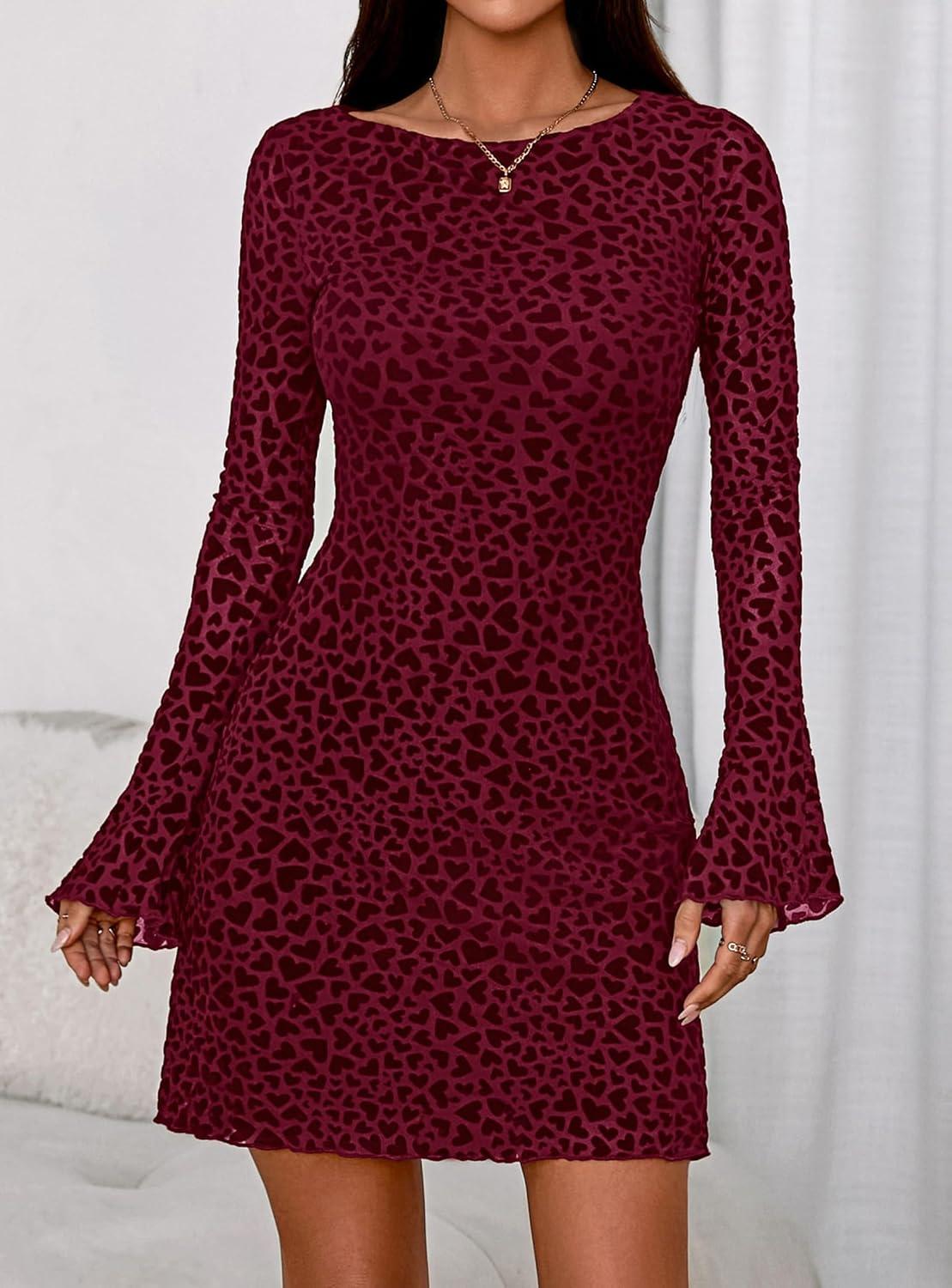 imagePRETTYGARDEN Womens 2026 Fall Fashion Floral Long Sleeve Mini Dress Mesh Bodycon Short Party Date Night Going Out DressesFloral Wine Red