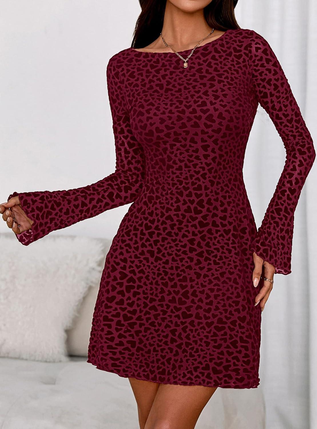 imagePRETTYGARDEN Womens 2026 Fall Fashion Floral Long Sleeve Mini Dress Mesh Bodycon Short Party Date Night Going Out DressesFloral Wine Red
