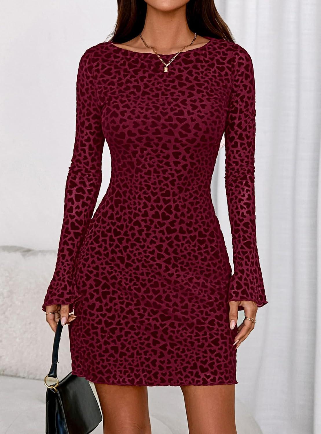 imagePRETTYGARDEN Womens 2026 Fall Fashion Floral Long Sleeve Mini Dress Mesh Bodycon Short Party Date Night Going Out DressesFloral Wine Red
