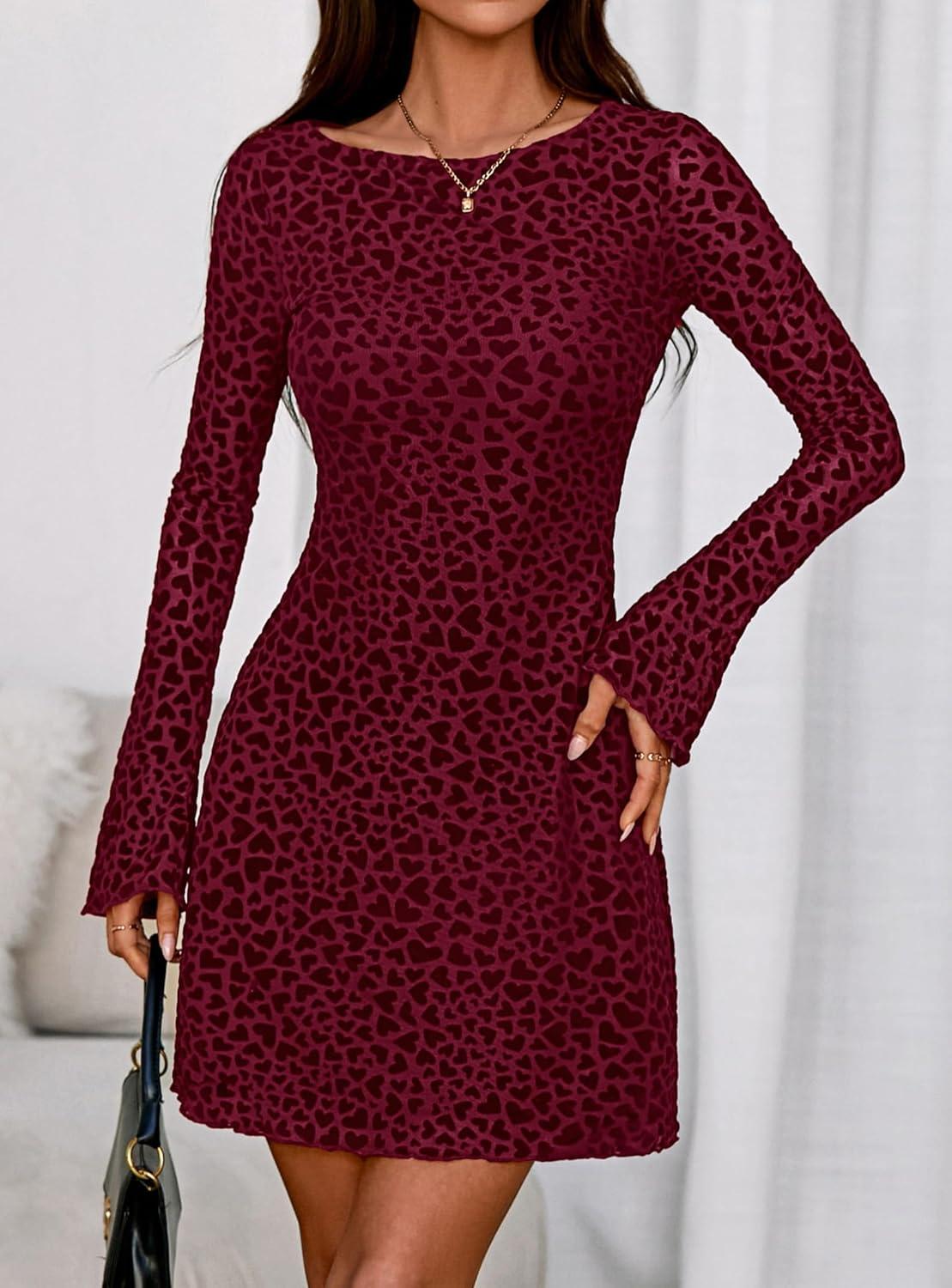 imagePRETTYGARDEN Womens 2026 Fall Fashion Floral Long Sleeve Mini Dress Mesh Bodycon Short Party Date Night Going Out DressesFloral Wine Red