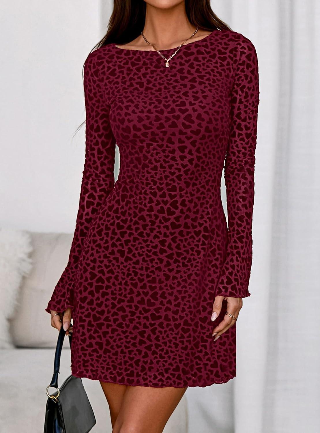 imagePRETTYGARDEN Womens 2026 Fall Fashion Floral Long Sleeve Mini Dress Mesh Bodycon Short Party Date Night Going Out DressesFloral Wine Red