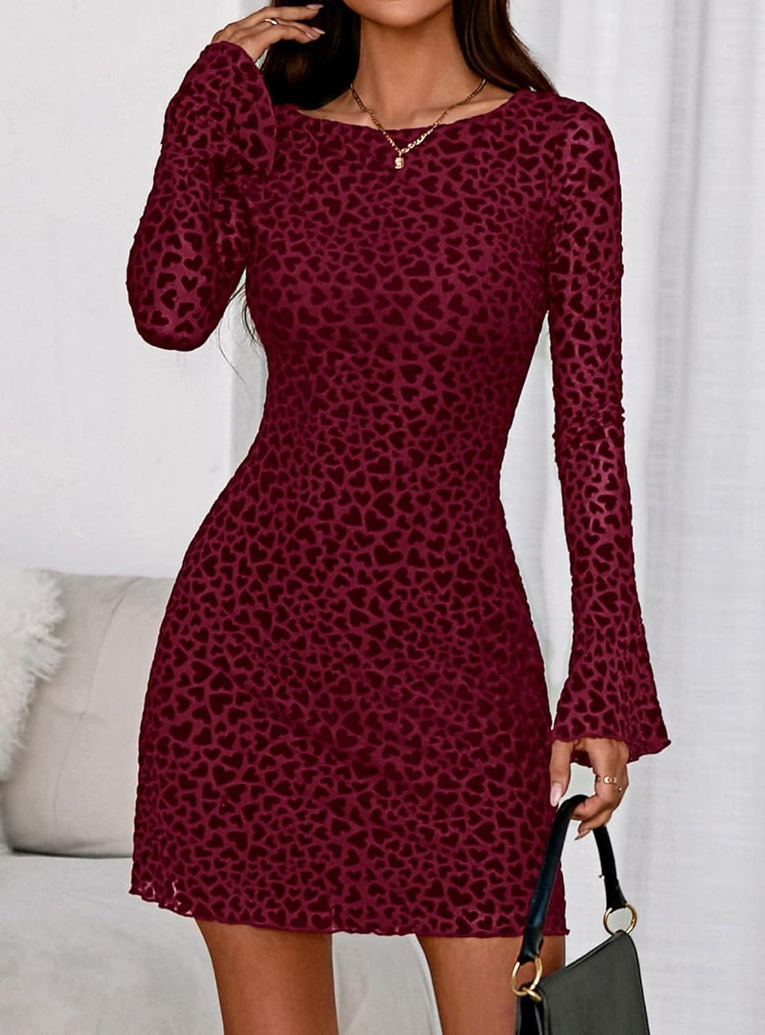 imagePRETTYGARDEN Womens 2026 Fall Fashion Floral Long Sleeve Mini Dress Mesh Bodycon Short Party Date Night Going Out DressesFloral Wine Red