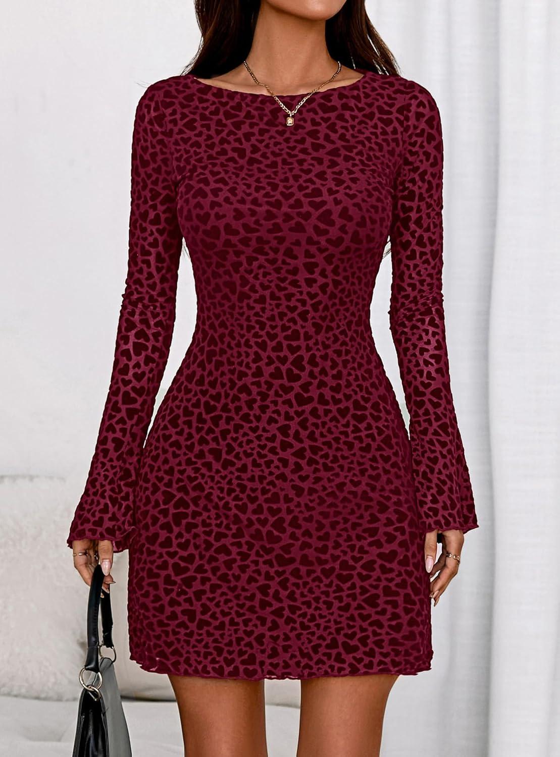imagePRETTYGARDEN Womens 2026 Fall Fashion Floral Long Sleeve Mini Dress Mesh Bodycon Short Party Date Night Going Out DressesFloral Wine Red