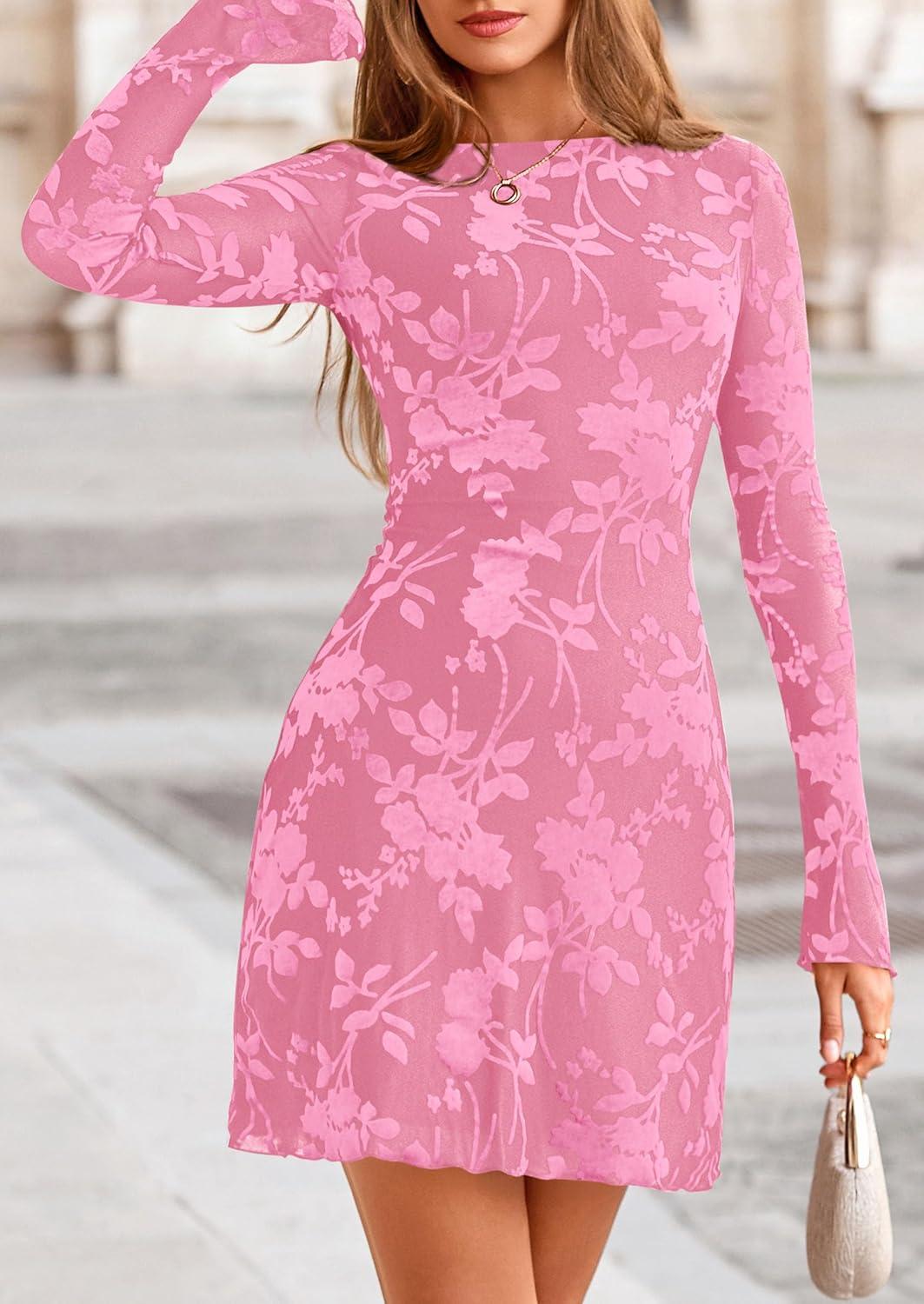 imagePRETTYGARDEN Womens 2026 Fall Fashion Floral Long Sleeve Mini Dress Mesh Bodycon Short Party Date Night Going Out DressesPink