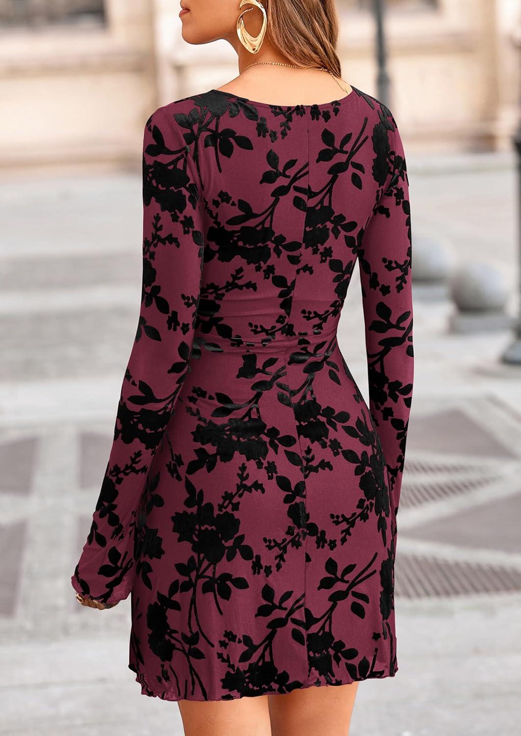 imagePRETTYGARDEN Womens 2026 Fall Fashion Floral Long Sleeve Mini Dress Mesh Bodycon Short Party Date Night Going Out DressesRed