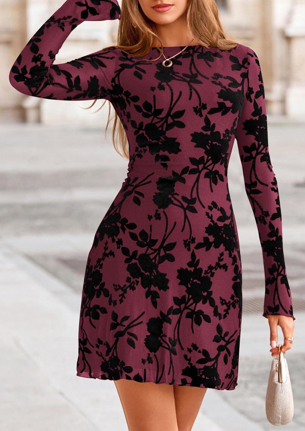 imagePRETTYGARDEN Womens 2026 Fall Fashion Floral Long Sleeve Mini Dress Mesh Bodycon Short Party Date Night Going Out DressesRed