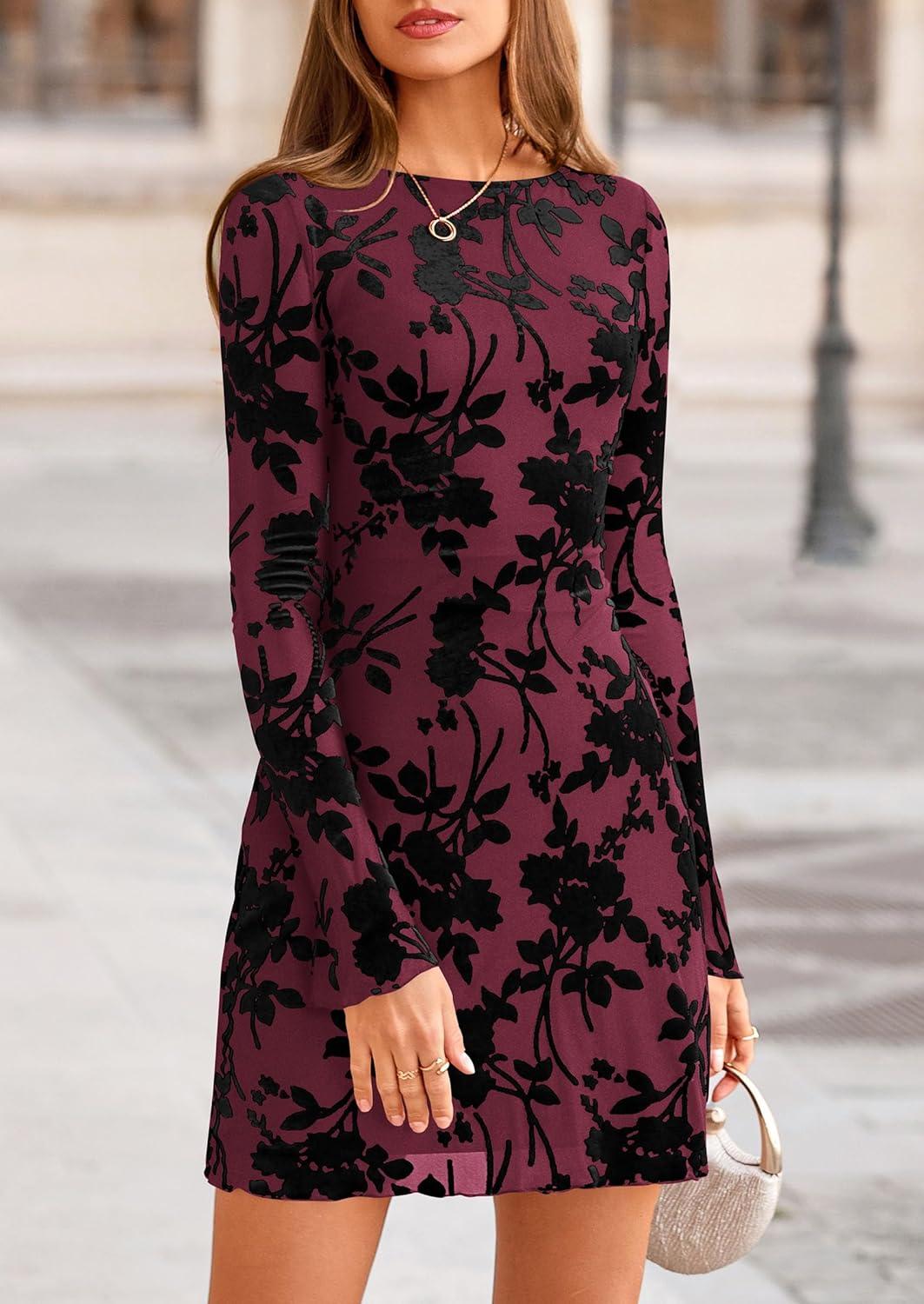 imagePRETTYGARDEN Womens 2026 Fall Fashion Floral Long Sleeve Mini Dress Mesh Bodycon Short Party Date Night Going Out DressesRed
