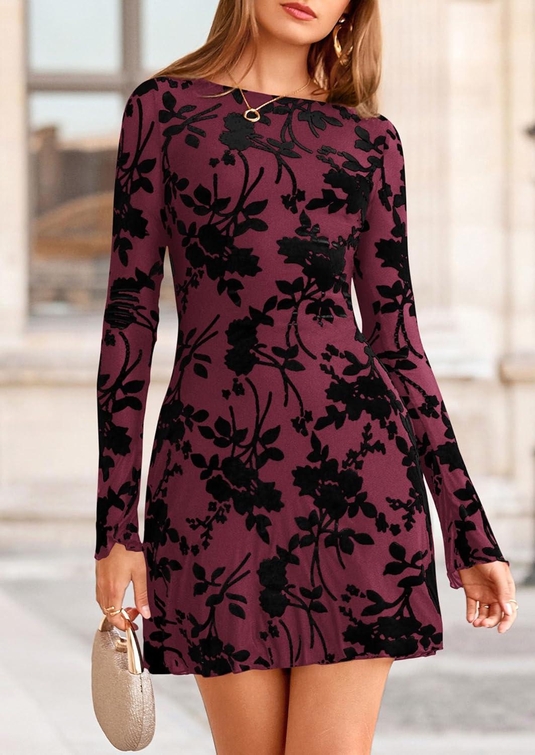 imagePRETTYGARDEN Womens 2026 Fall Fashion Floral Long Sleeve Mini Dress Mesh Bodycon Short Party Date Night Going Out DressesRed
