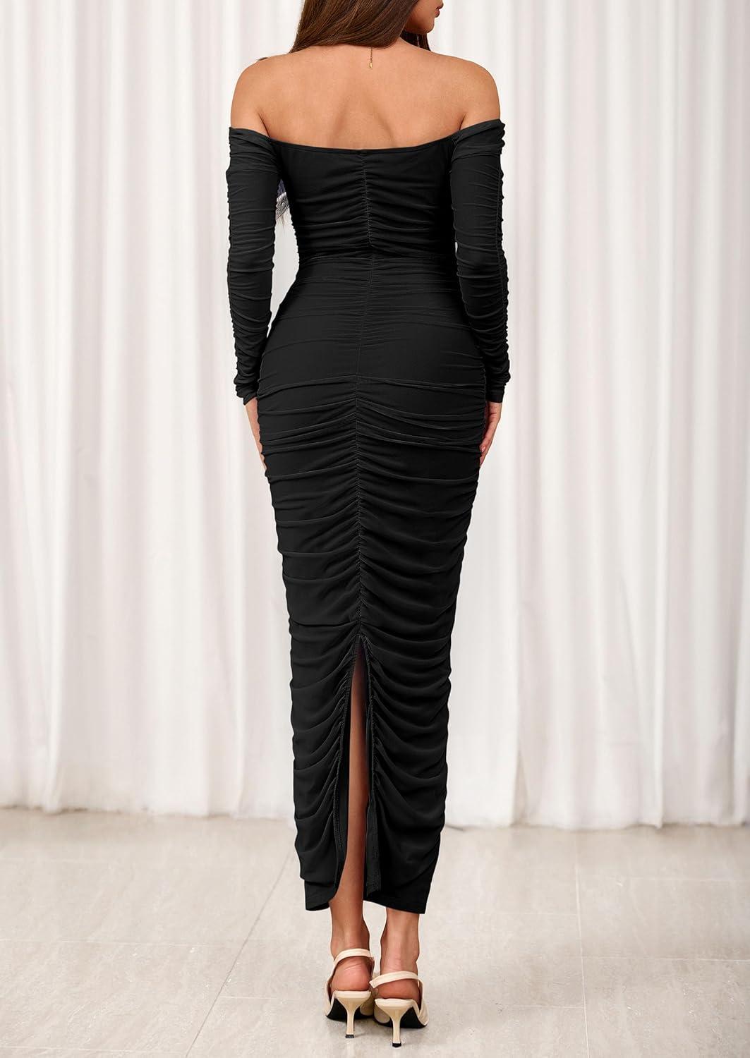 imagePRETTYGARDEN Womens 2026 Fall Long Sleeve Maxi Dress Off Shoulder Mesh Ruched Bodycon Trendy Long Wedding Guest DressesBlack