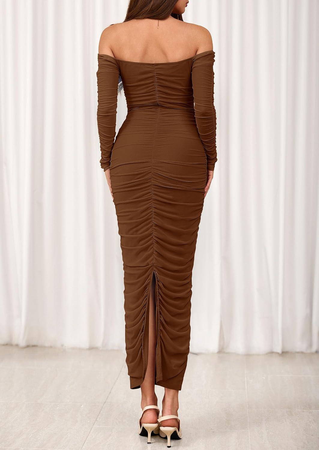 imagePRETTYGARDEN Womens 2026 Fall Long Sleeve Maxi Dress Off Shoulder Mesh Ruched Bodycon Trendy Long Wedding Guest DressesDark Brown