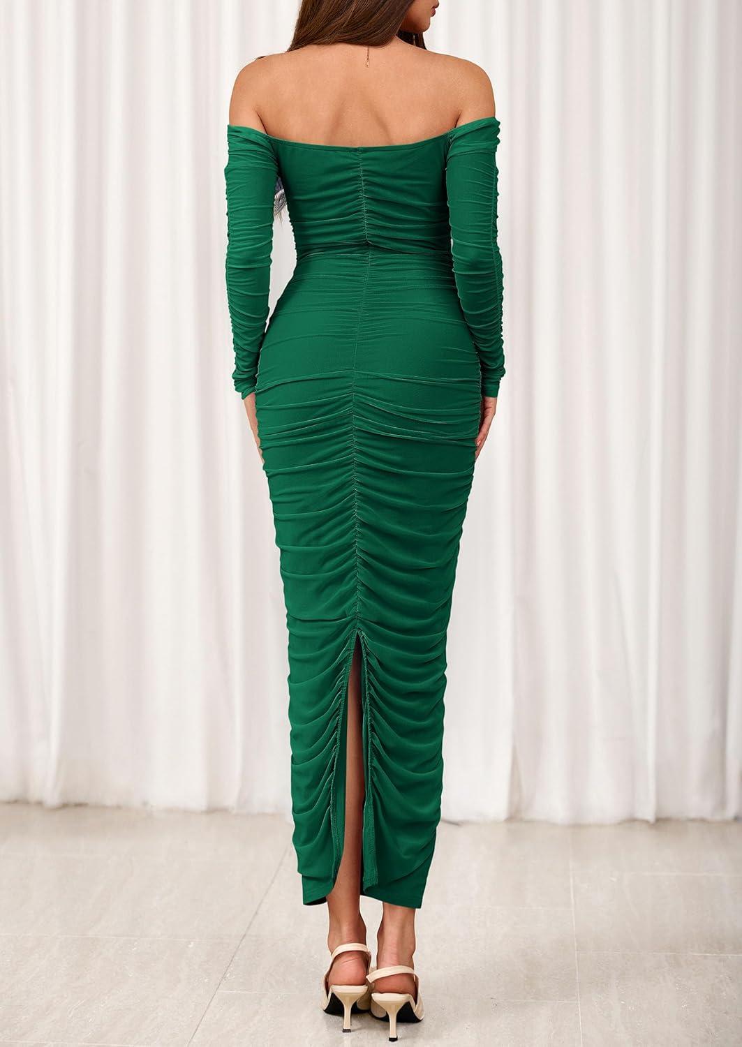 imagePRETTYGARDEN Womens 2026 Fall Long Sleeve Maxi Dress Off Shoulder Mesh Ruched Bodycon Trendy Long Wedding Guest DressesDark Green
