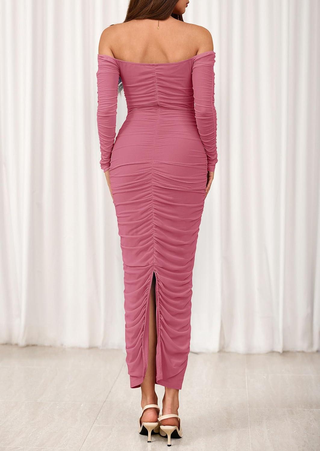 imagePRETTYGARDEN Womens 2026 Fall Long Sleeve Maxi Dress Off Shoulder Mesh Ruched Bodycon Trendy Long Wedding Guest DressesDark Pink