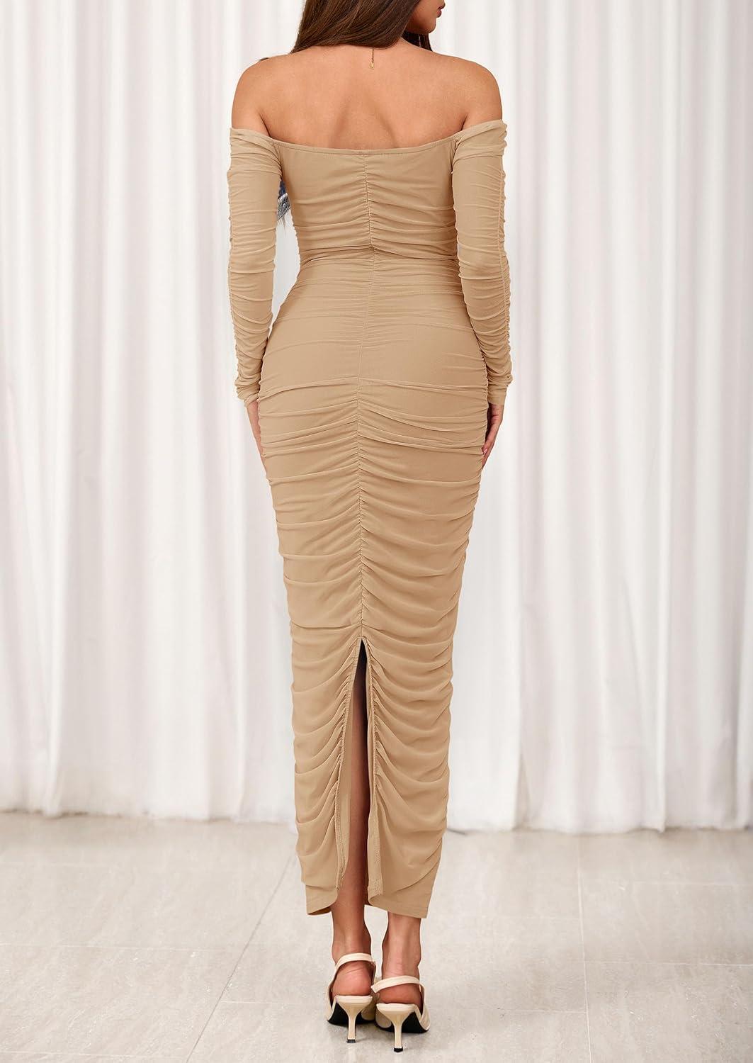imagePRETTYGARDEN Womens 2026 Fall Long Sleeve Maxi Dress Off Shoulder Mesh Ruched Bodycon Trendy Long Wedding Guest DressesKhaki