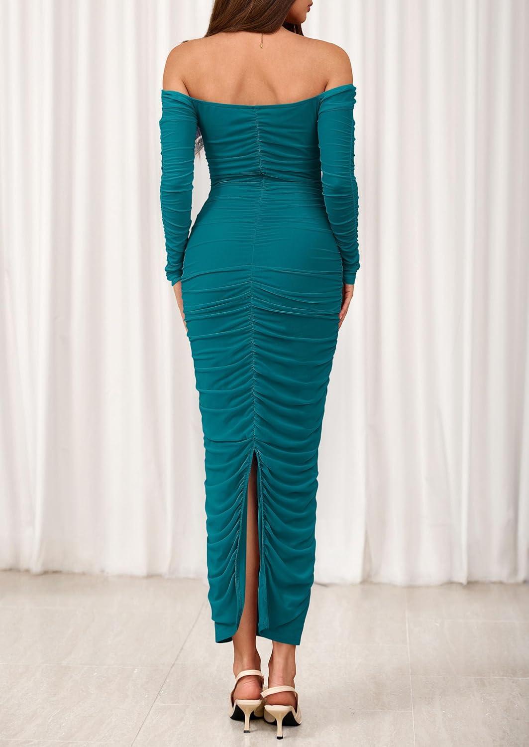 imagePRETTYGARDEN Womens 2026 Fall Long Sleeve Maxi Dress Off Shoulder Mesh Ruched Bodycon Trendy Long Wedding Guest DressesLake Blue