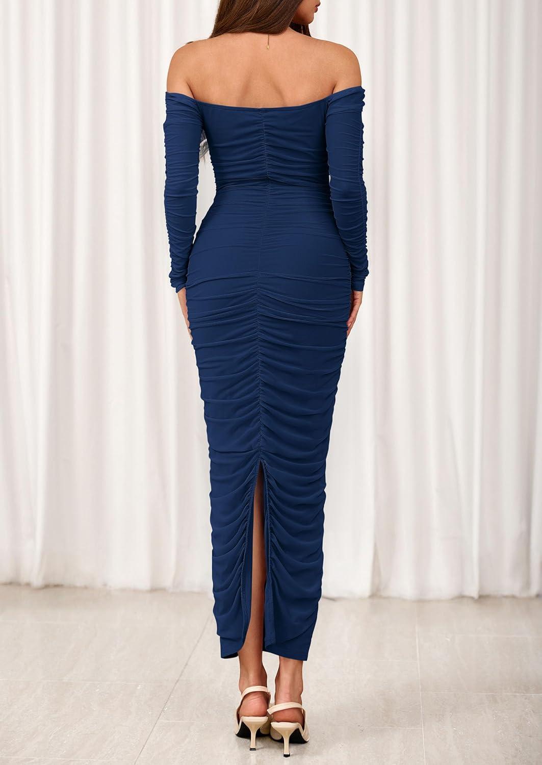 imagePRETTYGARDEN Womens 2026 Fall Long Sleeve Maxi Dress Off Shoulder Mesh Ruched Bodycon Trendy Long Wedding Guest DressesNavy Blue