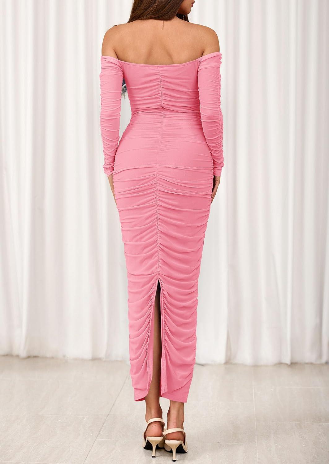 imagePRETTYGARDEN Womens 2026 Fall Long Sleeve Maxi Dress Off Shoulder Mesh Ruched Bodycon Trendy Long Wedding Guest DressesPink